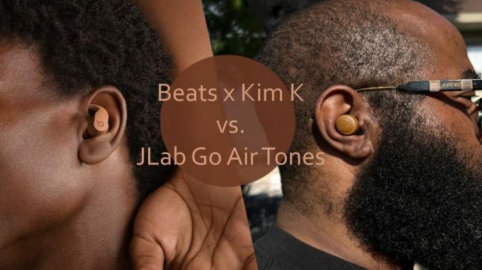 Beats Fit Pro x Kim Kardashian und JLab Go Air Tones Ohrhörer, die von zwei Personen getragen werden
